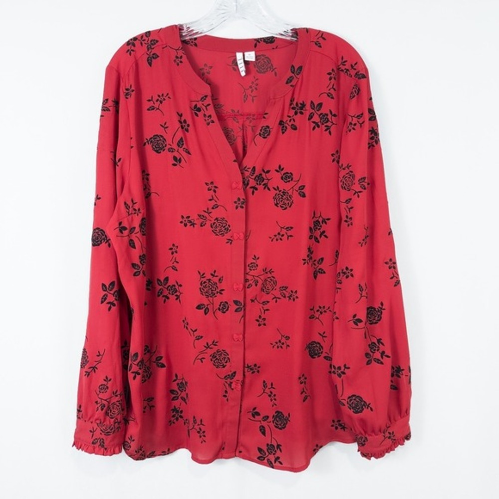 ELLE Floral Velvet Flocked Bow Button Up Shirt Womens XL‎ Red Black Feminine